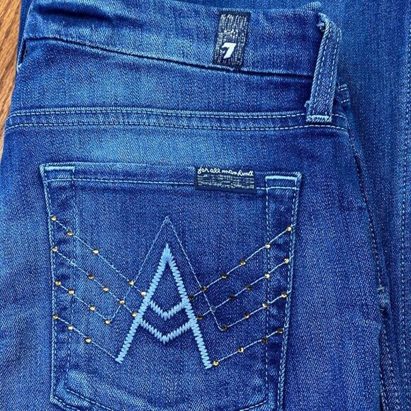 7 For All Mankind 'A' Pocket Dark Wash Low Rise Whiskered Boot Cut Jeans Size 27 - Picture 5 of 9
